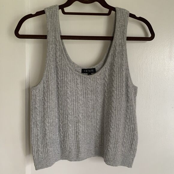 Womens Knit Tank Top Gray Cable Knit Medium Crop Length Cotton Merino Wool Blend - Picture 1 of 6